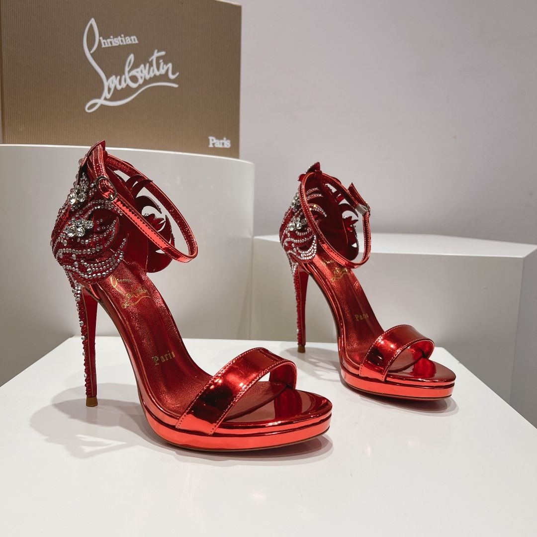 Christian Louboutin Loubi Vega Sandales 120mm Cristaux Cuir Vernis Rouge
