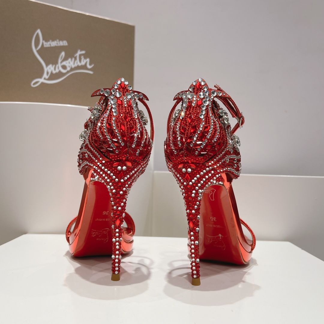 Christian Louboutin Loubi Vega Sandales 120mm Cristaux Cuir Vernis Rouge – Image 2