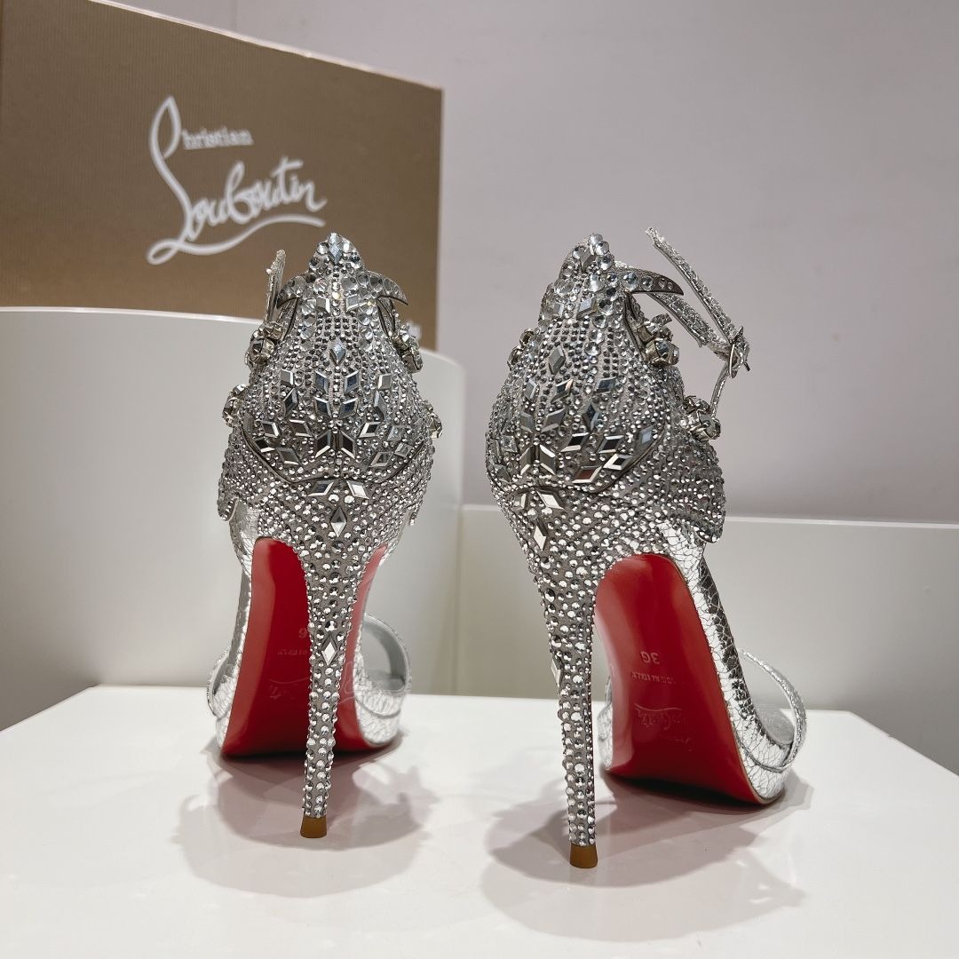 Christian Louboutin Loubi Vega Sandales 120mm Cristaux Cuir Vernis Argent – Image 2