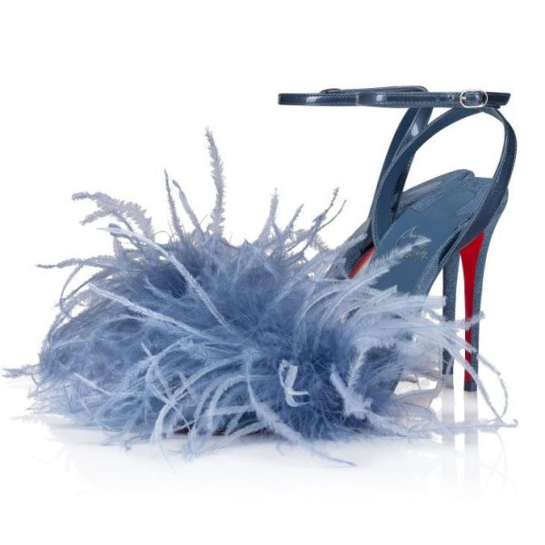 Christian Louboutin Loubipoupi Sandales 100mm Cuir Denim et Plumes Bleu