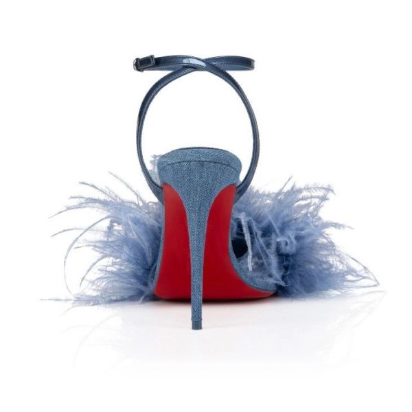 Christian Louboutin Loubipoupi Sandales 100mm Cuir Denim et Plumes Bleu – Image 3
