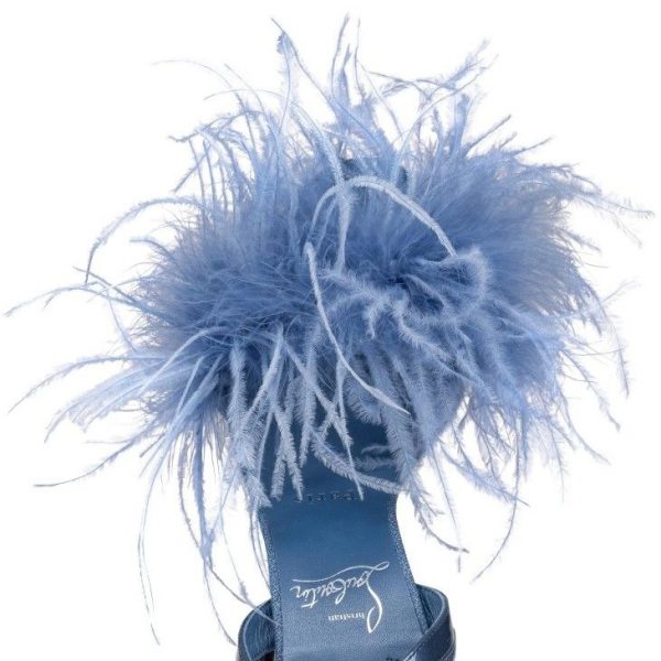 Christian Louboutin Loubipoupi Sandales 100mm Cuir Denim et Plumes Bleu – Image 4