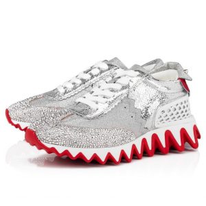 Christian Louboutin Baskets Loubishark P Strass Cuir de veau pailleté et Strass Argent