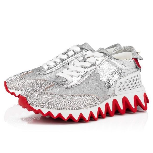 Christian Louboutin Baskets Loubishark P Strass Cuir de veau pailleté et Strass Argent