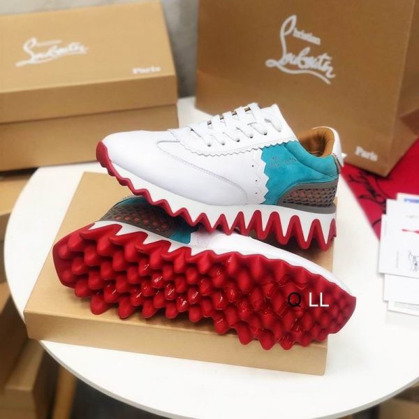 Christian Louboutin Baskets Femme Loubishark Cuir suédé et cuir Blanc Bleu – Image 5