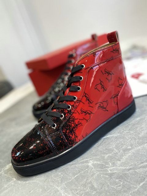 Christian Louboutin Baskets Hautes Louis Flat Degraloubi Cuir verni Noir Rouge – Image 2
