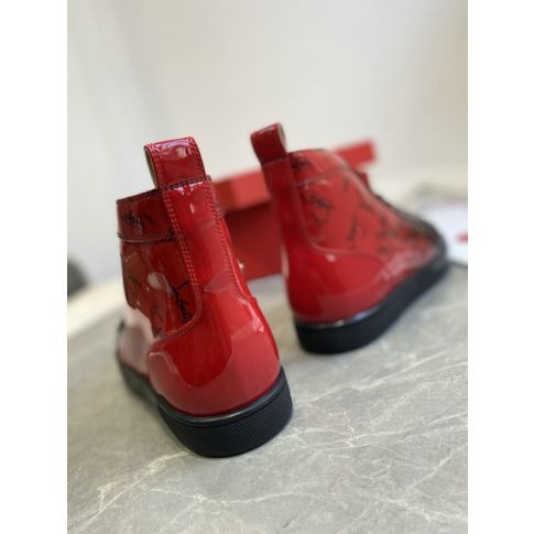 Christian Louboutin Baskets Hautes Louis Flat Degraloubi Cuir verni Noir Rouge – Image 5