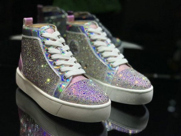 Christian Louboutin Baskets Hautes Louis Flat Cristaux Ornés Cuir iridescent Rose – Image 3