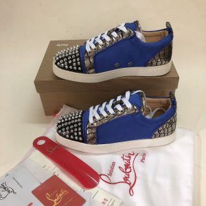Christian Louboutin Baskets Femme Louis Junior Spike Basses Cuir et Veau velours Bleu