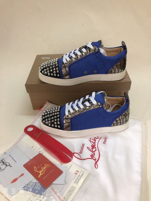 Christian Louboutin Baskets Femme Louis Junior Spike Basses Cuir et Veau velours Bleu