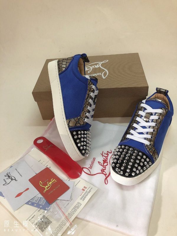 Christian Louboutin Baskets Femme Louis Junior Spike Basses Cuir et Veau velours Bleu – Image 2