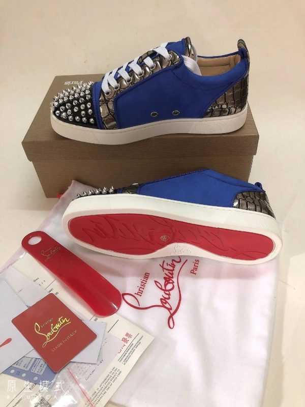 Christian Louboutin Baskets Femme Louis Junior Spike Basses Cuir et Veau velours Bleu – Image 3