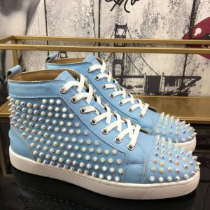 Christian Louboutin Baskets Hautes Femme Louis Spikes Cuir de veau Bleu clair