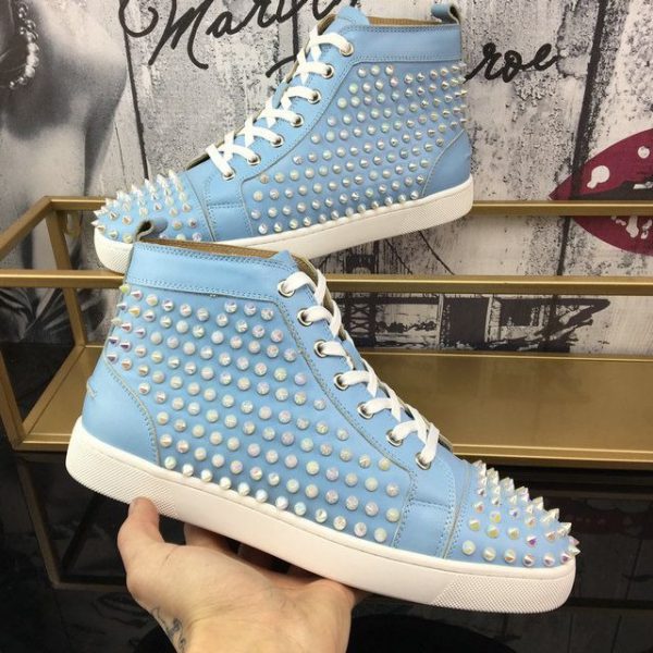 Christian Louboutin Baskets Hautes Femme Louis Spikes Cuir de veau Bleu clair – Image 4
