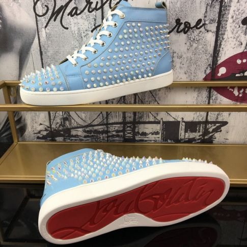 Christian Louboutin Baskets Hautes Femme Louis Spikes Cuir de veau Bleu clair – Image 5