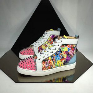 Christian Louboutin Baskets Hautes Femme Louis Spikes Orlato Cuir de veau et Cuir verni Multicolore