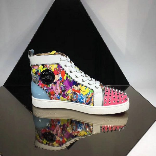 Christian Louboutin Baskets Hautes Femme Louis Spikes Orlato Cuir de veau et Cuir verni Multicolore – Image 4