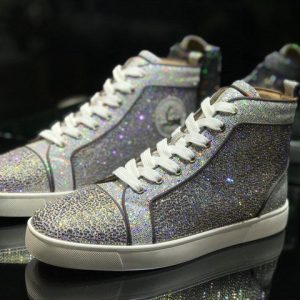 Christian Louboutin Baskets Hautes Femme Lou Spikes Cuir pailleté Argent