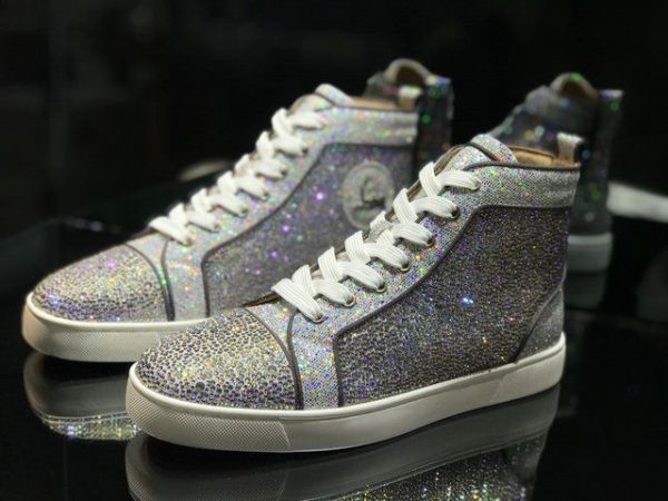 Christian Louboutin Baskets Hautes Femme Lou Spikes Cuir pailleté Argent