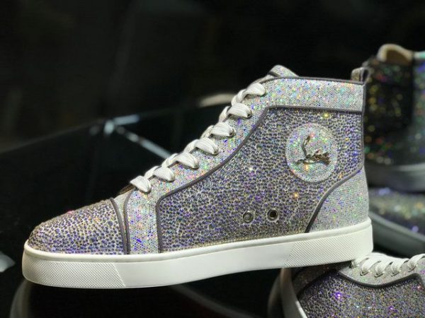 Christian Louboutin Baskets Hautes Femme Lou Spikes Cuir pailleté Argent – Image 2