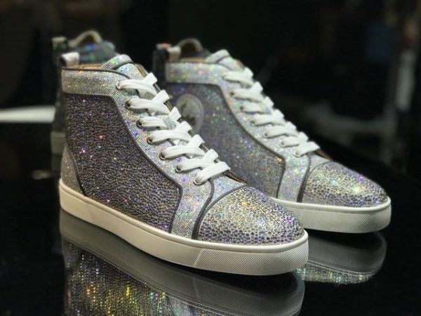 Christian Louboutin Baskets Hautes Femme Lou Spikes Cuir pailleté Argent – Image 3