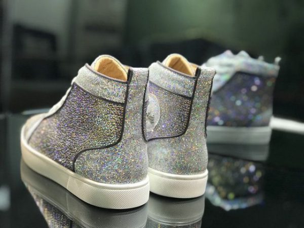 Christian Louboutin Baskets Hautes Femme Lou Spikes Cuir pailleté Argent – Image 4