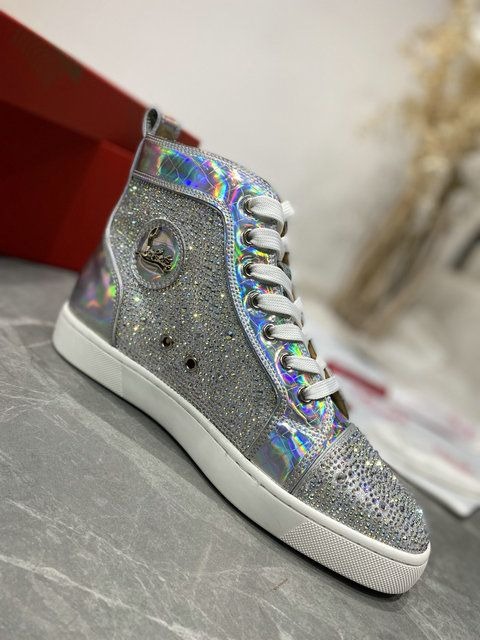 Christian Louboutin Baskets Hautes Femme Louis Strass Cuir iridescent et Strass Argent