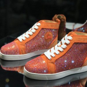 Christian Louboutin Baskets Hautes Femme Louis Strass Veau velours et Strass Orange Blanc