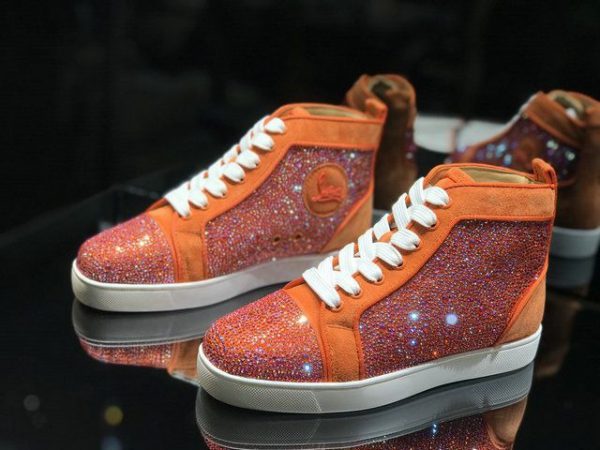 Christian Louboutin Baskets Hautes Femme Louis Strass Veau velours et Strass Orange Blanc