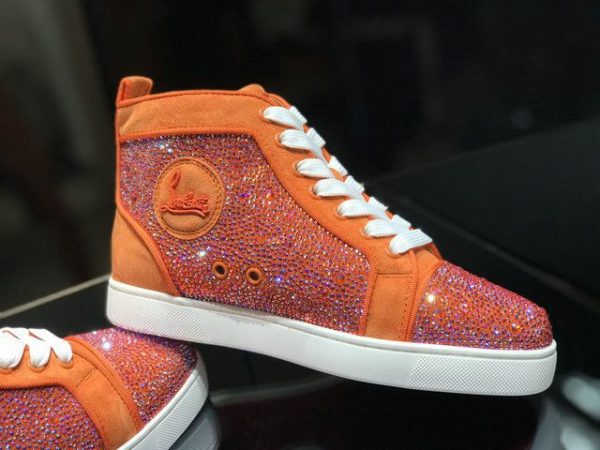 Christian Louboutin Baskets Hautes Femme Louis Strass Veau velours et Strass Orange Blanc – Image 2