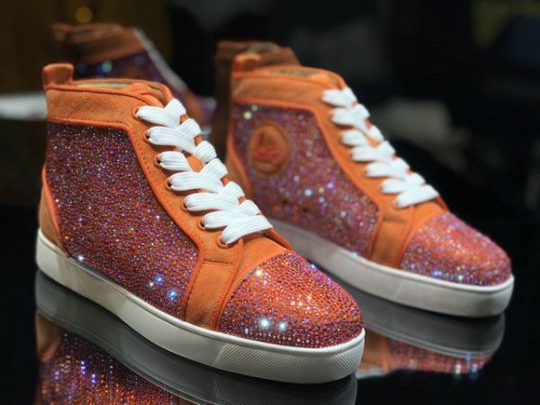 Christian Louboutin Baskets Hautes Femme Louis Strass Veau velours et Strass Orange Blanc – Image 3