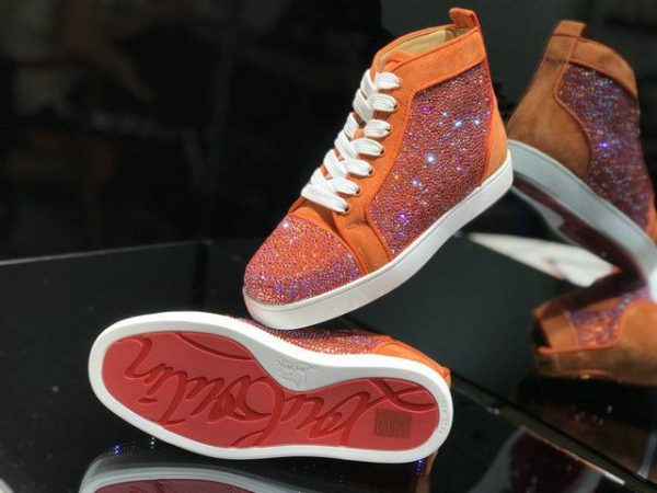 Christian Louboutin Baskets Hautes Femme Louis Strass Veau velours et Strass Orange Blanc – Image 4