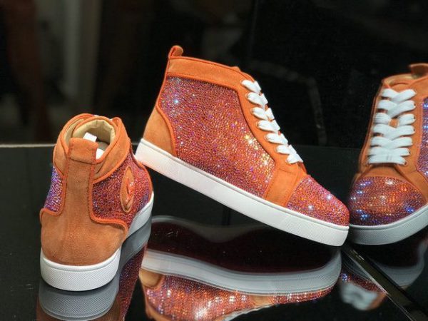Christian Louboutin Baskets Hautes Femme Louis Strass Veau velours et Strass Orange Blanc – Image 5