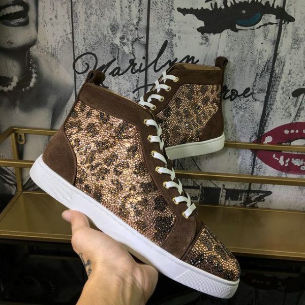 Christian Louboutin Baskets Hautes Femme Louis Strass Cuir suédé Version Moka – Image 4