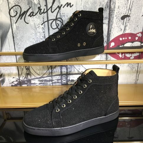 Christian Louboutin Baskets Hautes Louis Strass Cuir veau velours Noir intégral – Image 2