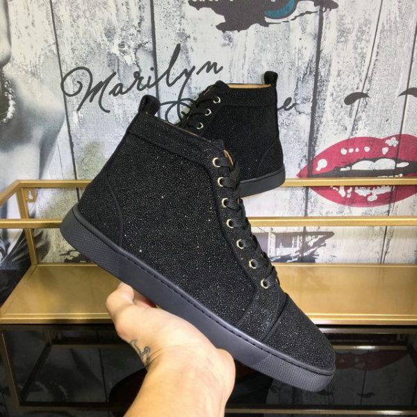 Christian Louboutin Baskets Hautes Louis Strass Cuir veau velours Noir intégral – Image 4