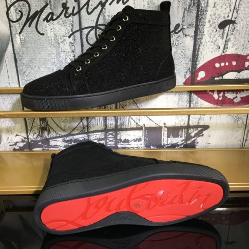 Christian Louboutin Baskets Hautes Louis Strass Cuir veau velours Noir intégral – Image 5