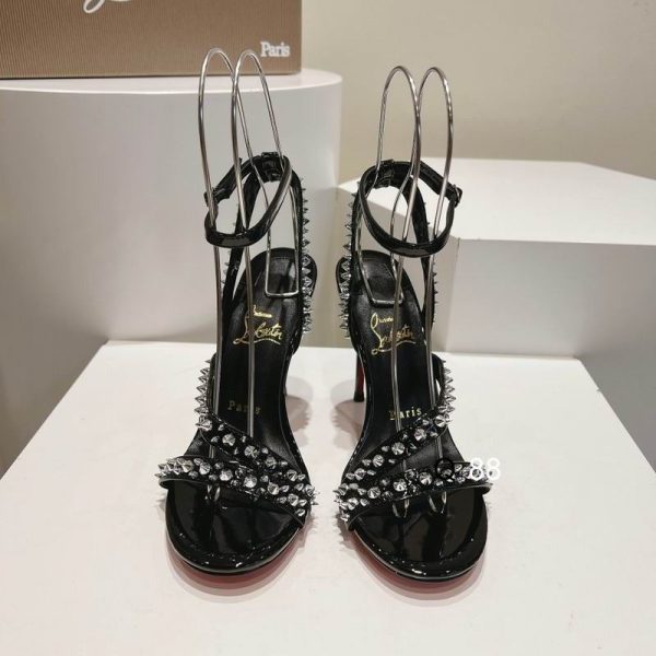 Christian Louboutin Mafaldina Spikes Sandales 100mm Cuir Verni Noir – Image 4