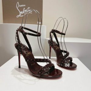 Christian Louboutin Mafaldina Spikes Sandales 100mm Cuir Verni Chocolat