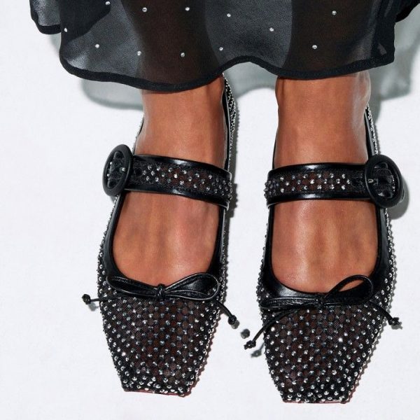Christian Louboutin Mamastrapitina Ballerines en Maille, Cuir Nappa et Strass Noir – Image 4