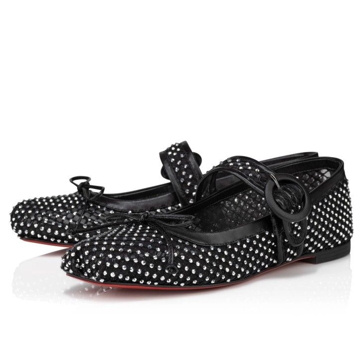 Christian Louboutin Mamastrapitina Ballerines en Maille, Cuir Nappa et Strass Noir