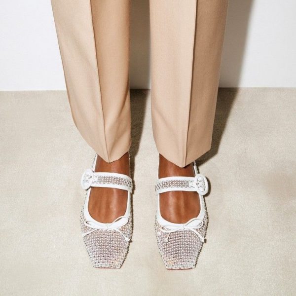 Christian Louboutin Ballerines Mamastrapitina en mesh strass et cuir nappa bianco – Image 5