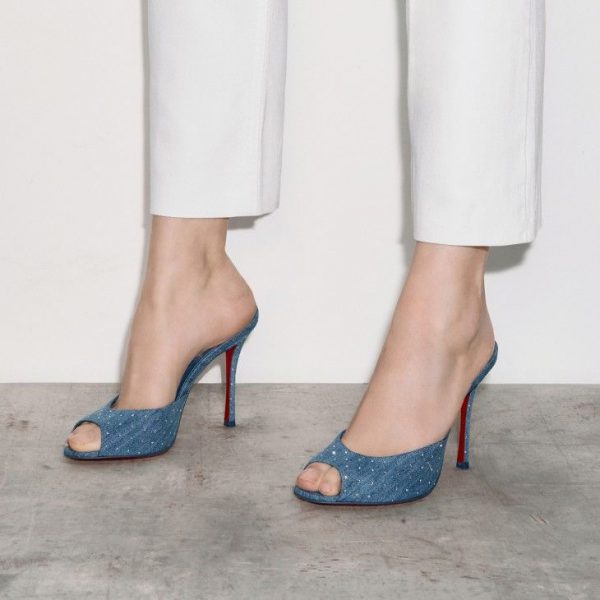 Christian Louboutin Me Dolly Plum Strass 100 mm Mules Denim et Strass – Image 5