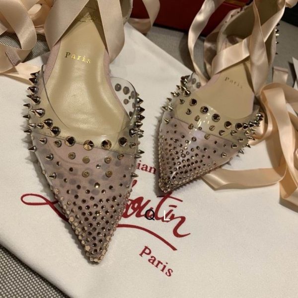 Christian Louboutin Mechante Reine Ballerines à Clous en PVC et Veau Velours Rose – Image 3