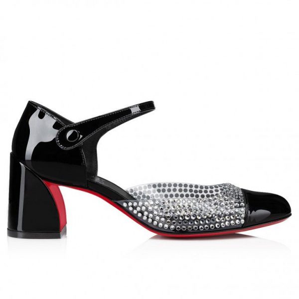 Christian Louboutin Miss MJ Strass escarpins à brides 55 mm en cuir de veau verni, PVC et strass noirs – Image 2