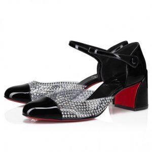Christian Louboutin Miss MJ Strass escarpins à brides 55 mm en cuir de veau verni, PVC et strass noirs