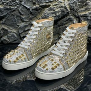 Christian Louboutin Baskets Hautes Femme Mixkeoshell Plate Spikes et Strass Argent Or