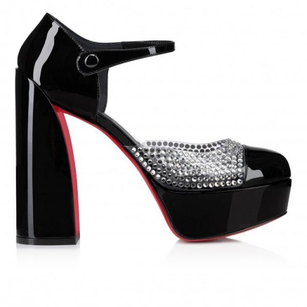 Christian Louboutin Movida MJ Strass sandales 130 mm en cuir de veau verni et PVC noirs – Image 2