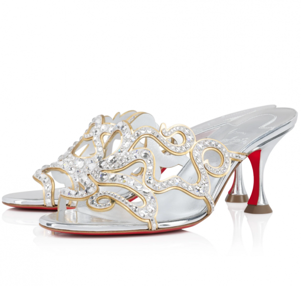 Christian Louboutin Octomule Strass Sandales 70mm Daim Métallique et Cuir Specchio Argent