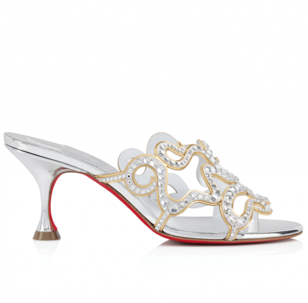 Christian Louboutin Octomule Strass Sandales 70mm Daim Métallique et Cuir Specchio Argent – Image 3